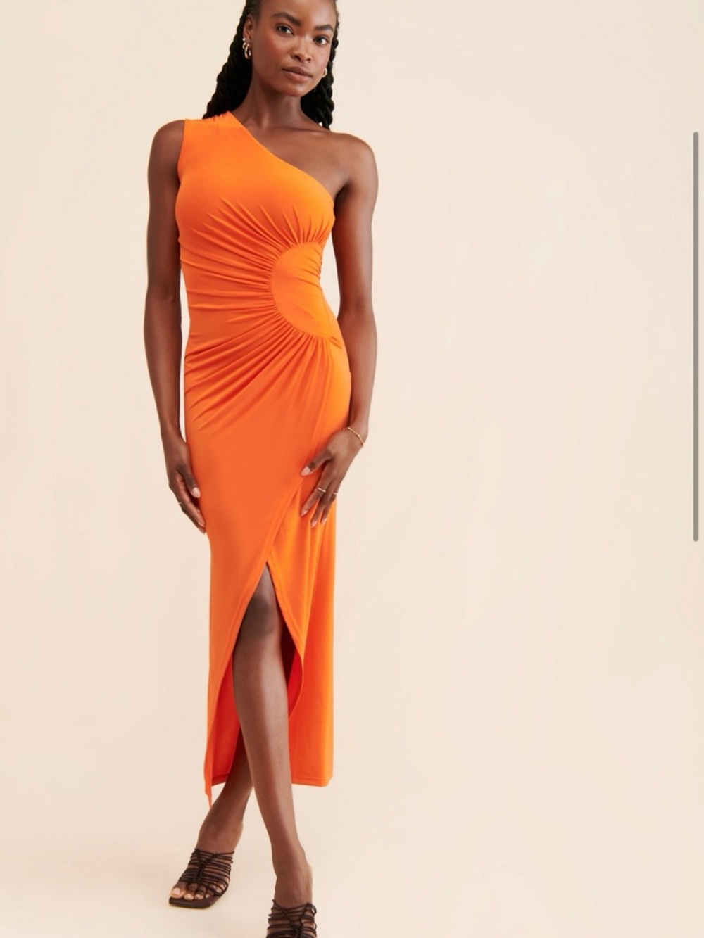 One-Shoulder Orange Ruched Midi Dress by